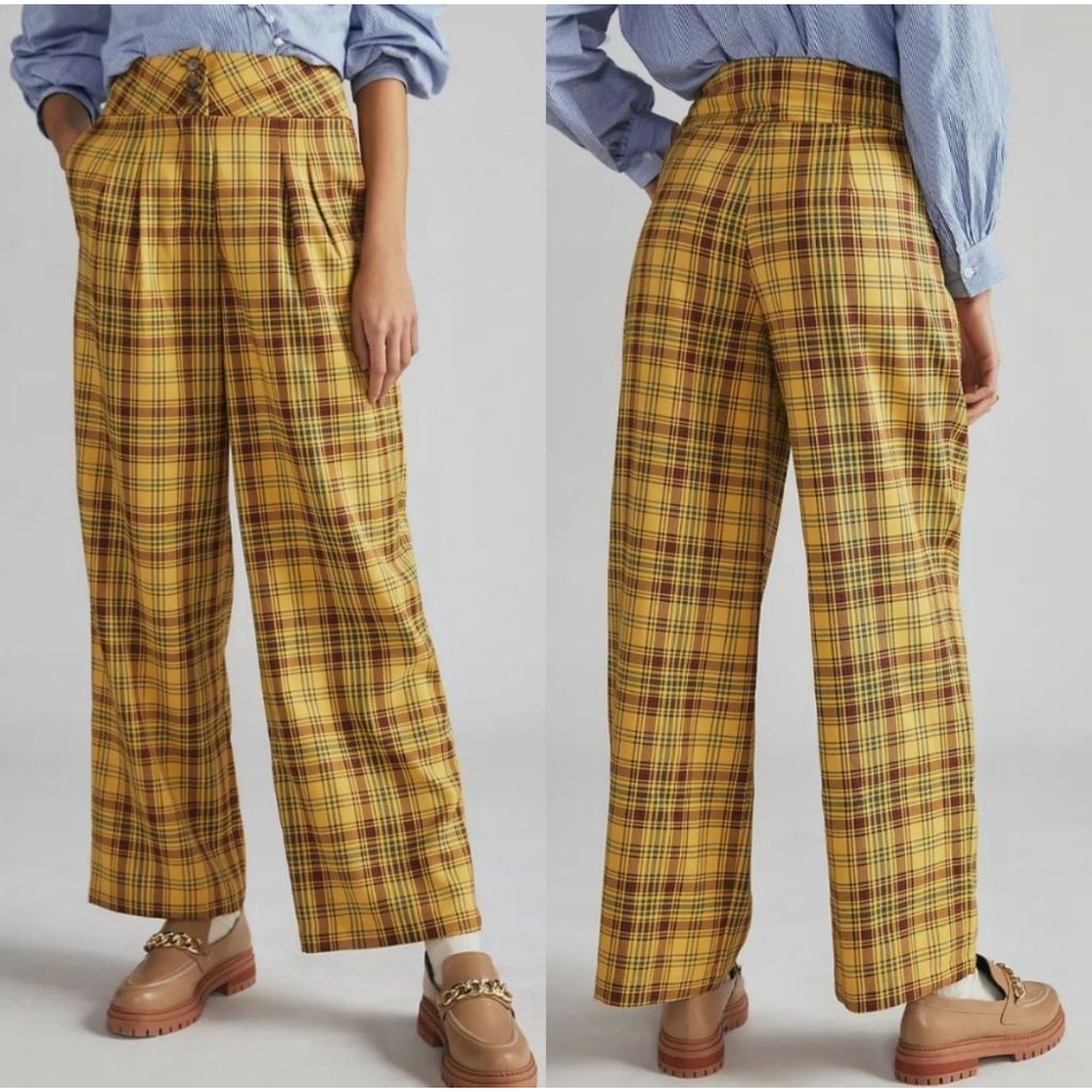 Anthropologie Plaid Wide Leg Pants Marygold Gold Tartan yellow women's large L - Picture 1 of 7